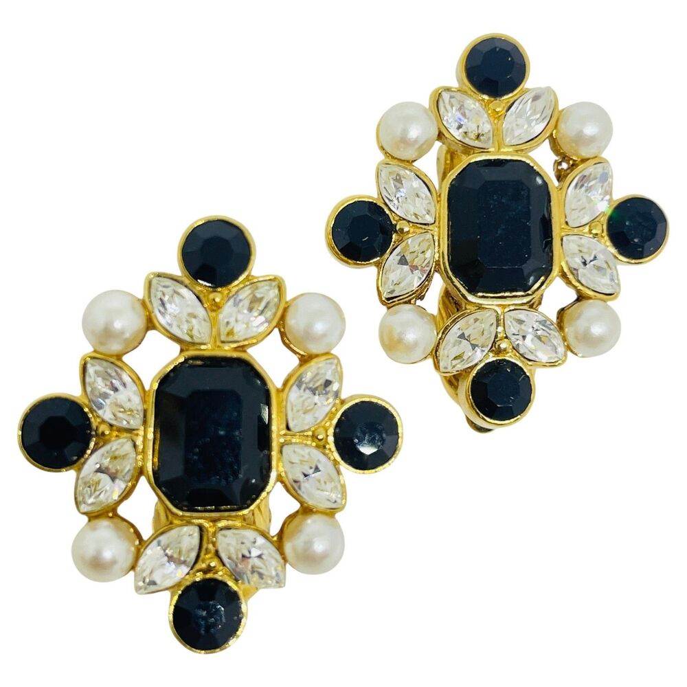 Vintage gold tone black glass rhinestones designer clip on earrings